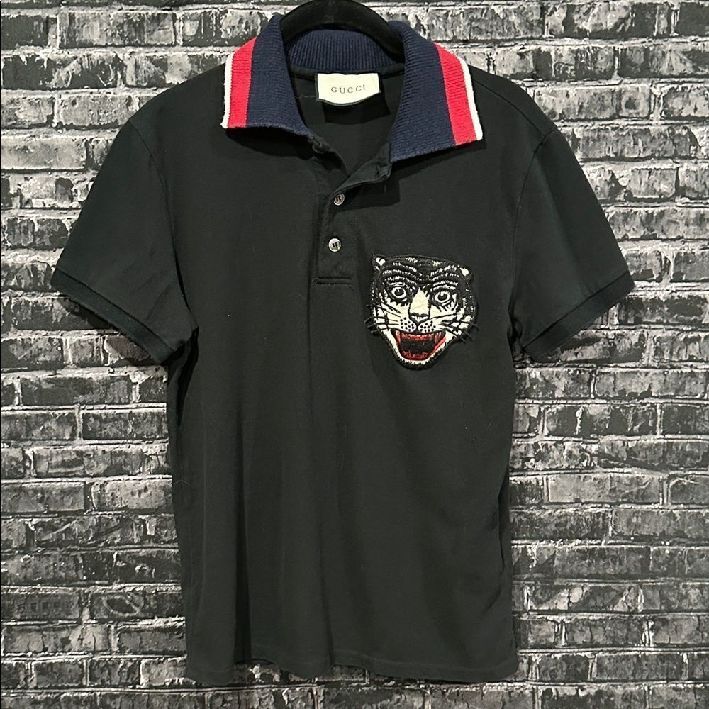 Gucci Black Polo with Embroidered Tiger and Red-Blue Collar